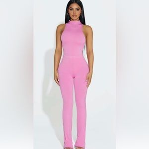 Naked Wardrobe Pink Flare Jumpsuit with High Neck